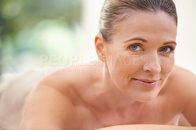 Buy stock photo Portrait, mature or woman in skincare, wellness or luxury in zen, relax or salon at beauty retreat. Natural makeup, glow or smile in mental health, detox or cosmetology clinic self care vacation