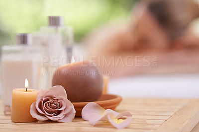Buy stock photo Candles, rose and holistic healing at spa with aromatherapy, wellness and treatment for self care. Detox, stress relief and energy balance for aura with tools, luxury and natural with zen and calm