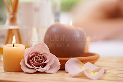Buy stock photo Closeup of candles, rose and holistic healing at spa for aromatherapy, wellness and treatment for self care. Detox, stress relief and energy balance for aura with tools, luxury and natural with zen