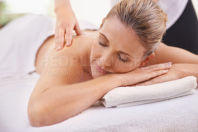 Buy stock photo Happy woman, relax and back massage with masseuse at spa for zen, wellness or peace at hotel or resort. Calm female person sleeping in beauty or asleep for peaceful relaxation or salon treatment