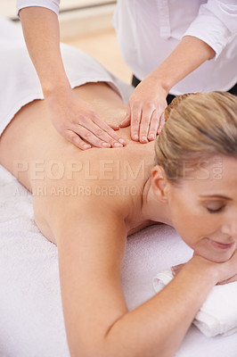 Buy stock photo Woman, hands and spa with massage therapist for treatment peace or stress relief for zen resort, calm or vacation. Female person, eyes closed and comfortable for healthy skincare, pamper or luxury