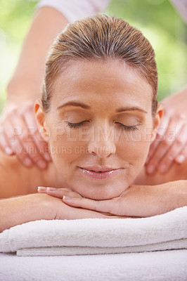 Buy stock photo Woman, hands and spa with massage therapist for relax peace or stress relief for zen resort, calm or vacation. Female person, eyes closed and comfortable for healthy skincare, treatment or luxury