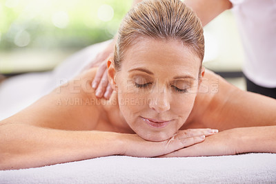 Buy stock photo Woman, hands and spa with massage therapist for calm peace for stress relief at zen resort, holiday or vacation. Female person, eyes closed and comfortable for healthy skincare, treatment or luxury