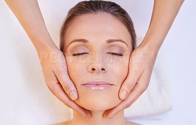 Buy stock photo Woman, smile and massage for relax in spa for wellness,  skincare and treatment for body, detox and luxury. Model or young person with closed eyes for rest and break for care and beauty for holiday