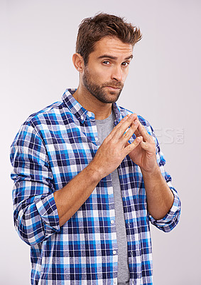 Buy stock photo Man, portrait and hands thinking for vision idea in studio with future problem solving, solution or white background. Male person, face and thoughts with confidence, mockup space or contemplation