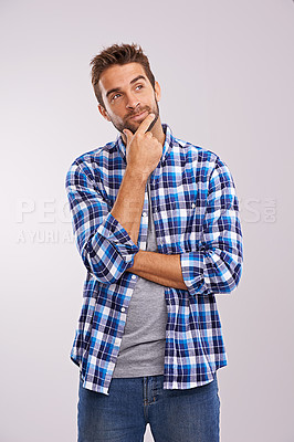Buy stock photo Man, thinking and future vision in studio or inspiration thoughts or brainstorming solution, problem solving or white background. Male person, hand and planning question or decision, wonder or mockup