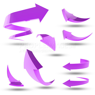 Buy stock photo Graphic, arrows and drawing with direction, creativity and poster isolated on white studio background. Symbol, purple or color with aesthetic or artistic with animation or wallpaper with icon or sign