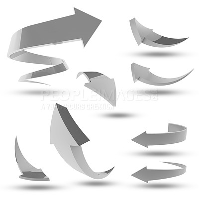 Buy stock photo Arrows, sketch and 3D graphic with pointing in a direction to target with illustration with white background. Icon, pointer and shape with drawing to navigate and show digital design with marker sign