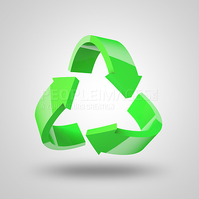 Buy stock photo Green, arrows and icon for recycling, ecology or sustainability to save the planet against a white studio background. Arrow forming triangle shape, graphic or symbol for reuse, reduce or recycle