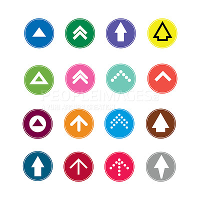 Buy stock photo Arrow, collection and colour icon from computer, digital and symbols for social media data in algorithm. Illustration, variety and white background for infographic, sign and direction for target