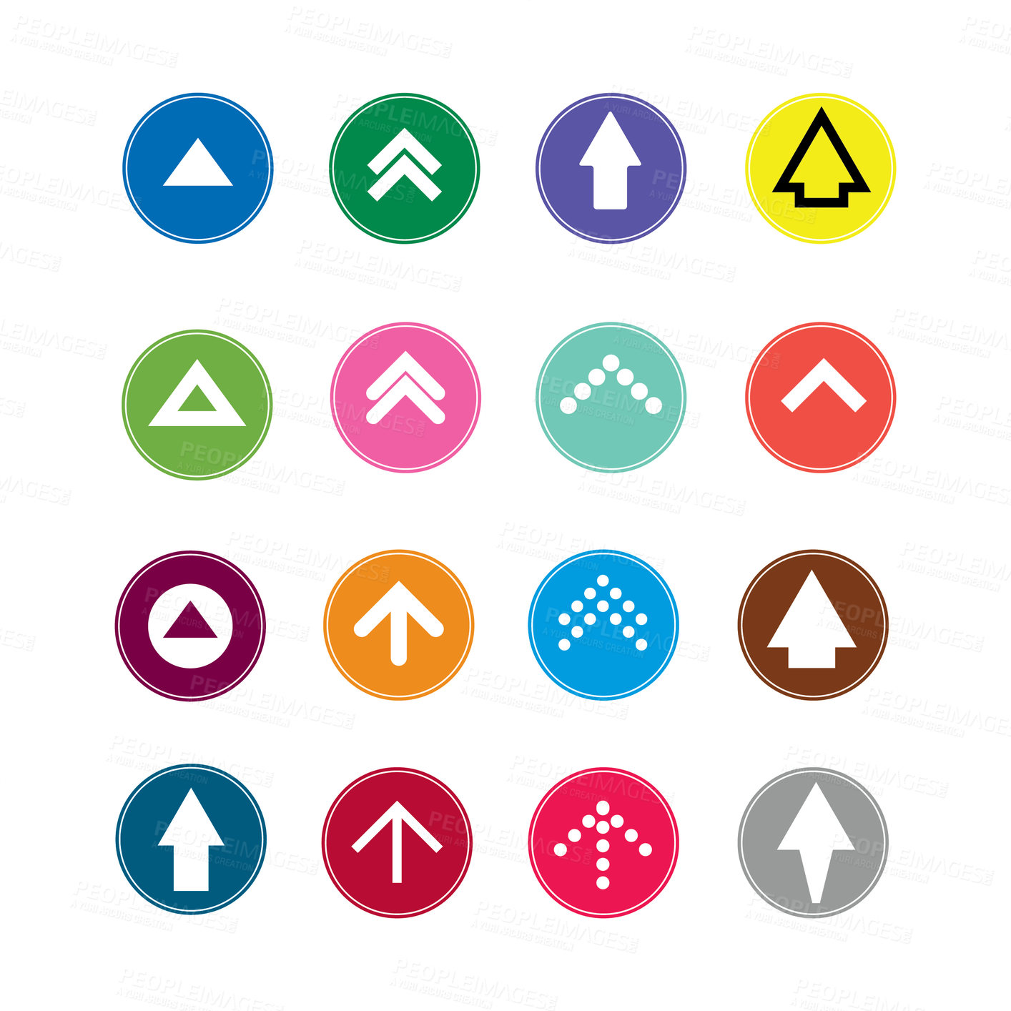 Buy stock photo Arrow, collection and colour icon from computer, digital and symbols for social media data in algorithm. Illustration, variety and white background for infographic, sign and direction for target