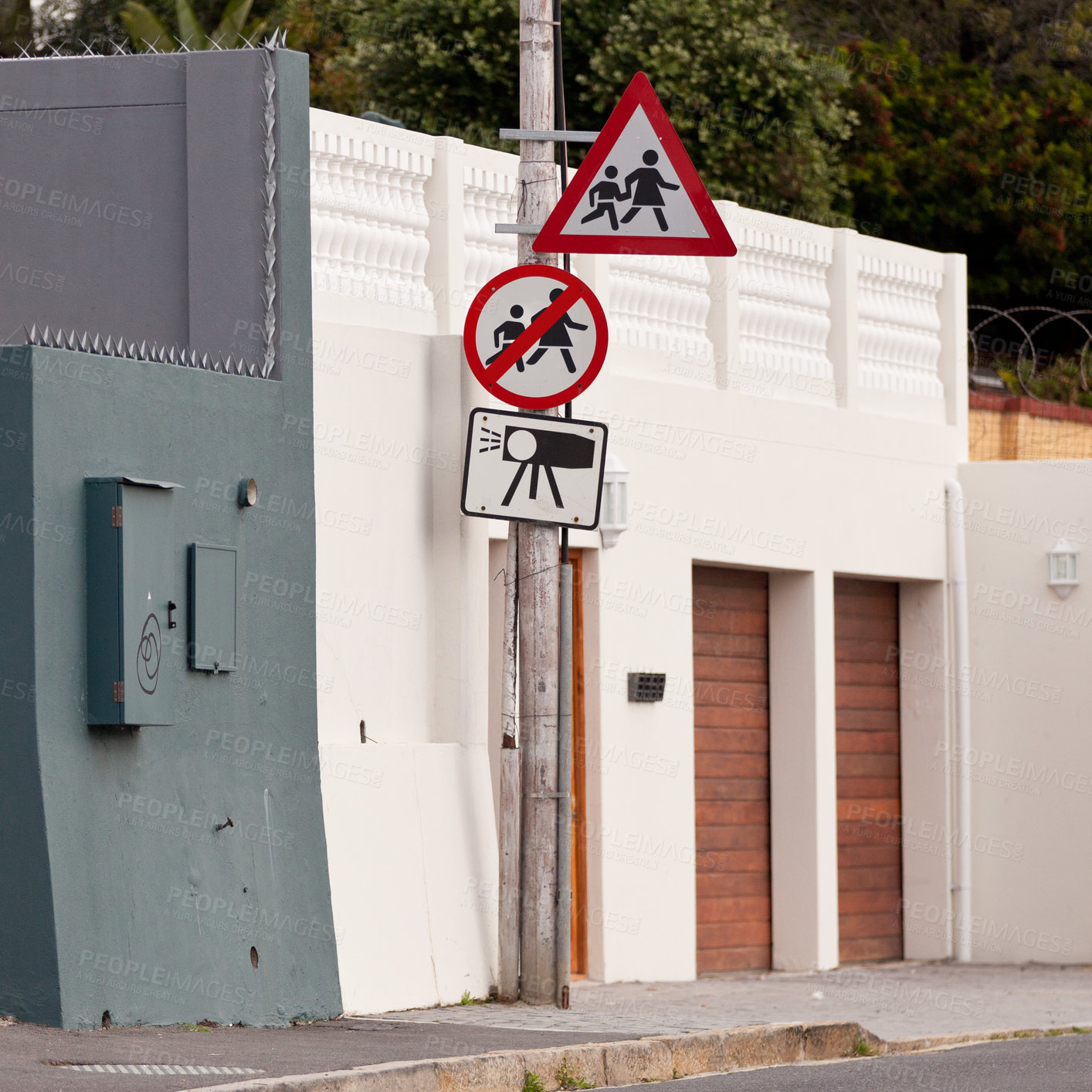 Buy stock photo Road sign, warning and signage in street for pedestrian with caution notification or neighborhood outdoor in city. Attention, public notice or signpost with alert message and symbol with no speeding