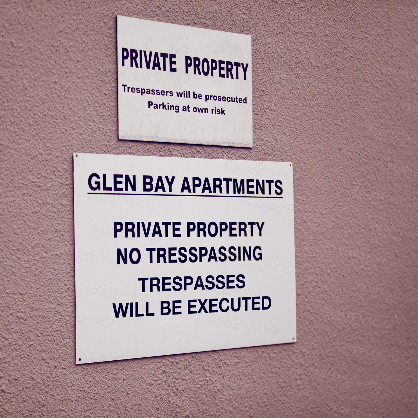 Buy stock photo Trespassing, warning and sign on apartment of property for caution, notification and information. Public signage, symbol and private building with board, poster and mistake for attention or safety