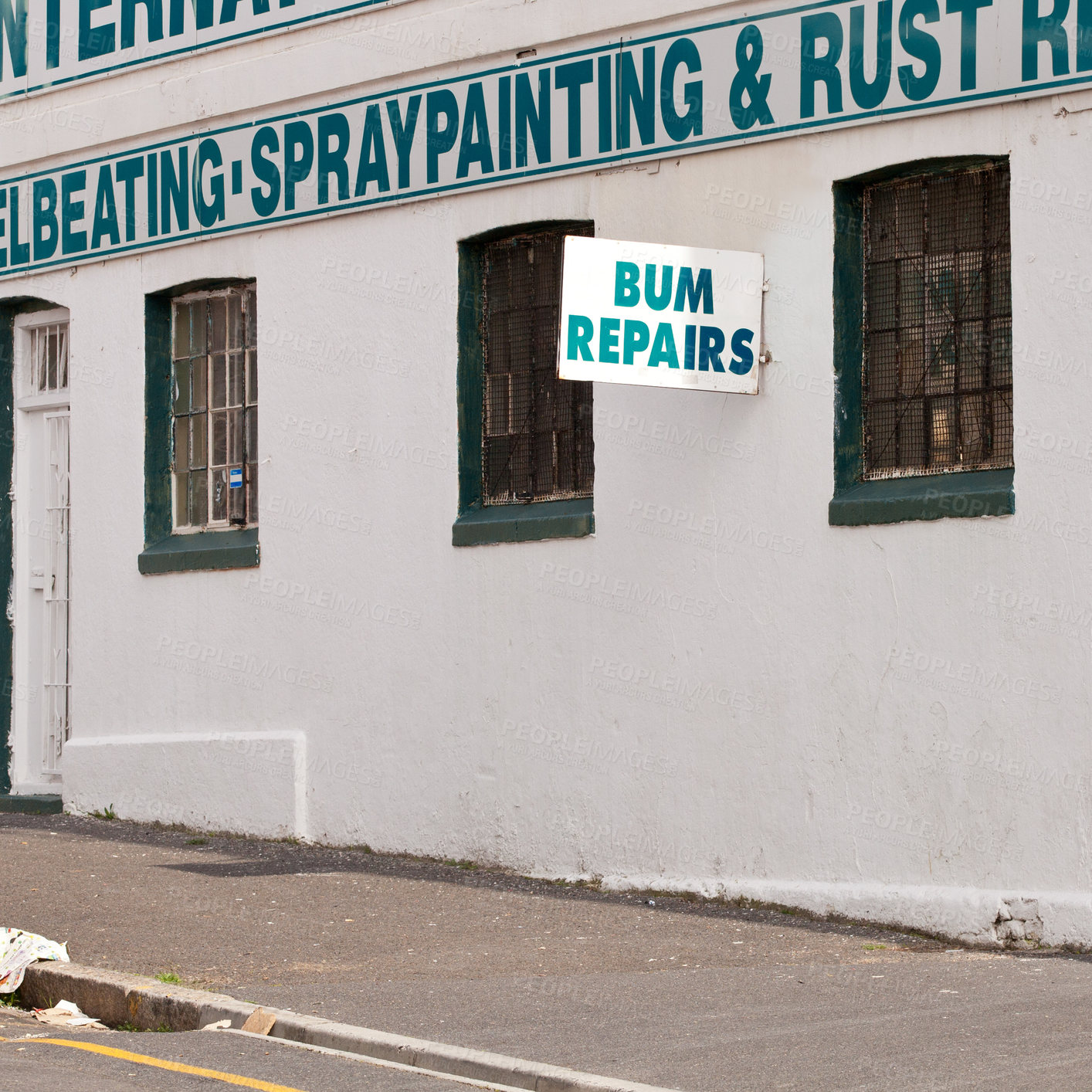 Buy stock photo Comic, building and sign with funny information, notification and message on private property. Signage, symbol and mistake or error on poster, board or attention for warning, direction or advertising