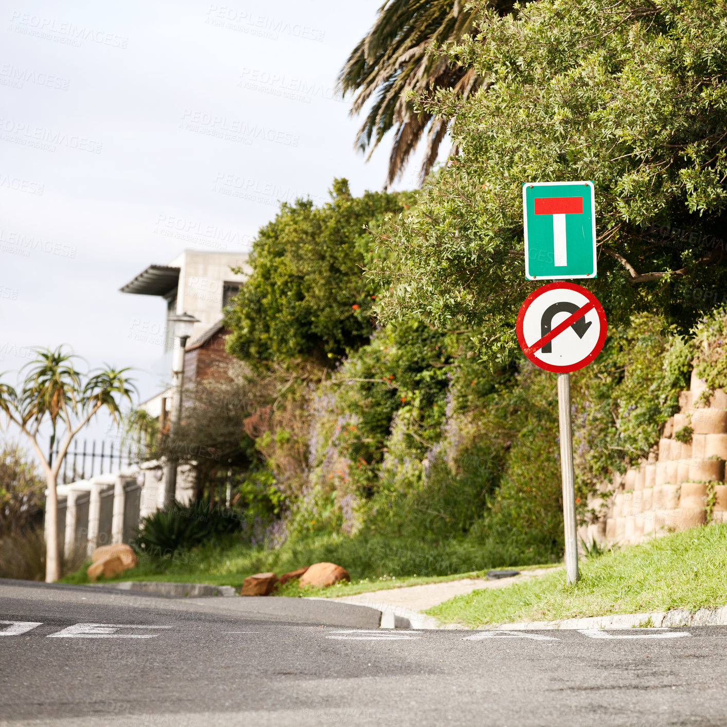 Buy stock photo Road sign, warning and signage in street for dead end with caution notification or neighborhood outdoor in city. Attention, public notice or signpost with alert message and symbol with trees or house