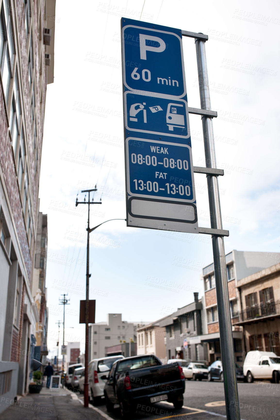 Buy stock photo Road sign, warning and signage in street for parking with caution notification and blue square outdoor in city. Attention, public notice and signpost for car park to pay, alert message and symbol