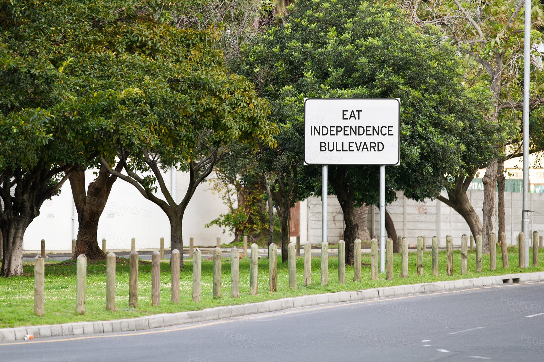 Buy stock photo Road sign, destination and signage in street for location with place notification and white square outdoor. Attention, public notice and signpost for navigation, alert message and symbol with trees