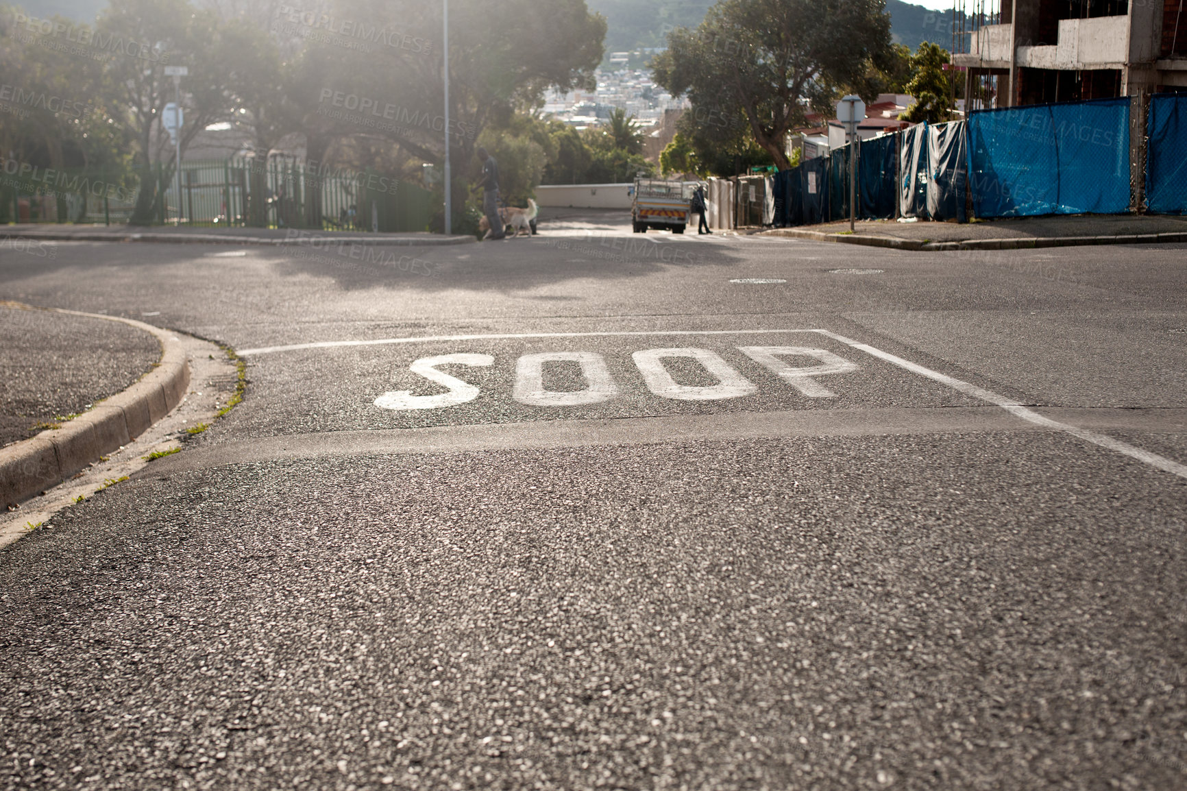 Buy stock photo Road marking, street and stop sign with mistake for humor, joke or comic text for soup in neighborhood. Asphalt, error and funny signage with writing, language and wrong spelling for warning in town