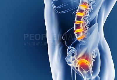 Buy stock photo Illustration, skeleton and highlight for medical anatomy and healthcare on blue studio background. Inflammation, medicare and diagnosis with emergency and injury with frame or physiotherapy with pain