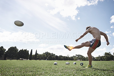 Buy stock photo Rugby, man and ankle pain, injury on field with fitness and train for game, kicking ball and overlay. Male athlete with sports accident, health emergency and skeleton with inflammation and exercise