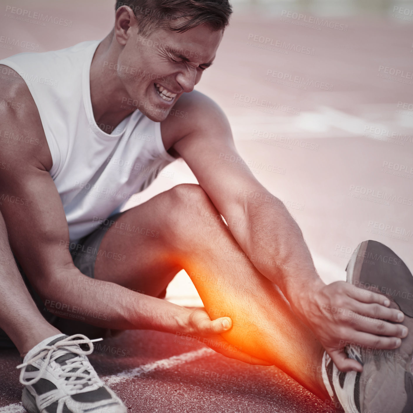 Buy stock photo Cropped shot highlighting a sportsperson's injury