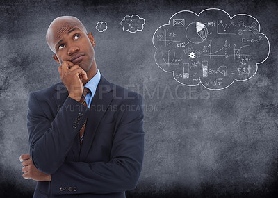 Buy stock photo Conceptual shot of a businessman with a though bubble drawn on chalk behind hime