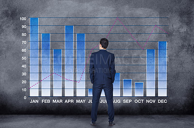 Buy stock photo Businessman, thinking and trading with hologram of financial growth or calendar on a gray studio background. Rear view of man or trader checking graph, chart or profit of corporate data or finance
