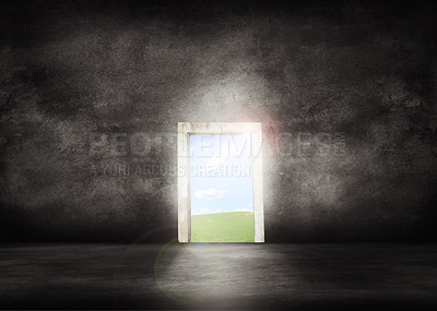 Buy stock photo CGI rendering of a doorway into a bright future or opportunity for success. Copyspace background in a dark room with sunlight concept of a dream for business growth development or successful outcome