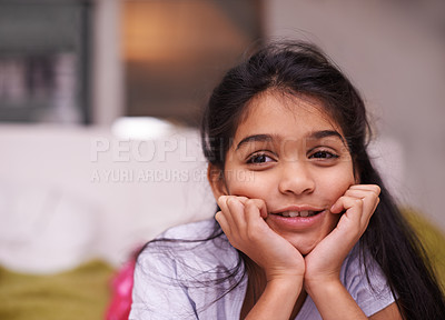 Buy stock photo Thinking, face and girl child in a house with memory, reflection or planning, daydreaming or chilling. Idea, remember or calm kid in India brainstorming in a living room on weekend, vacation or break