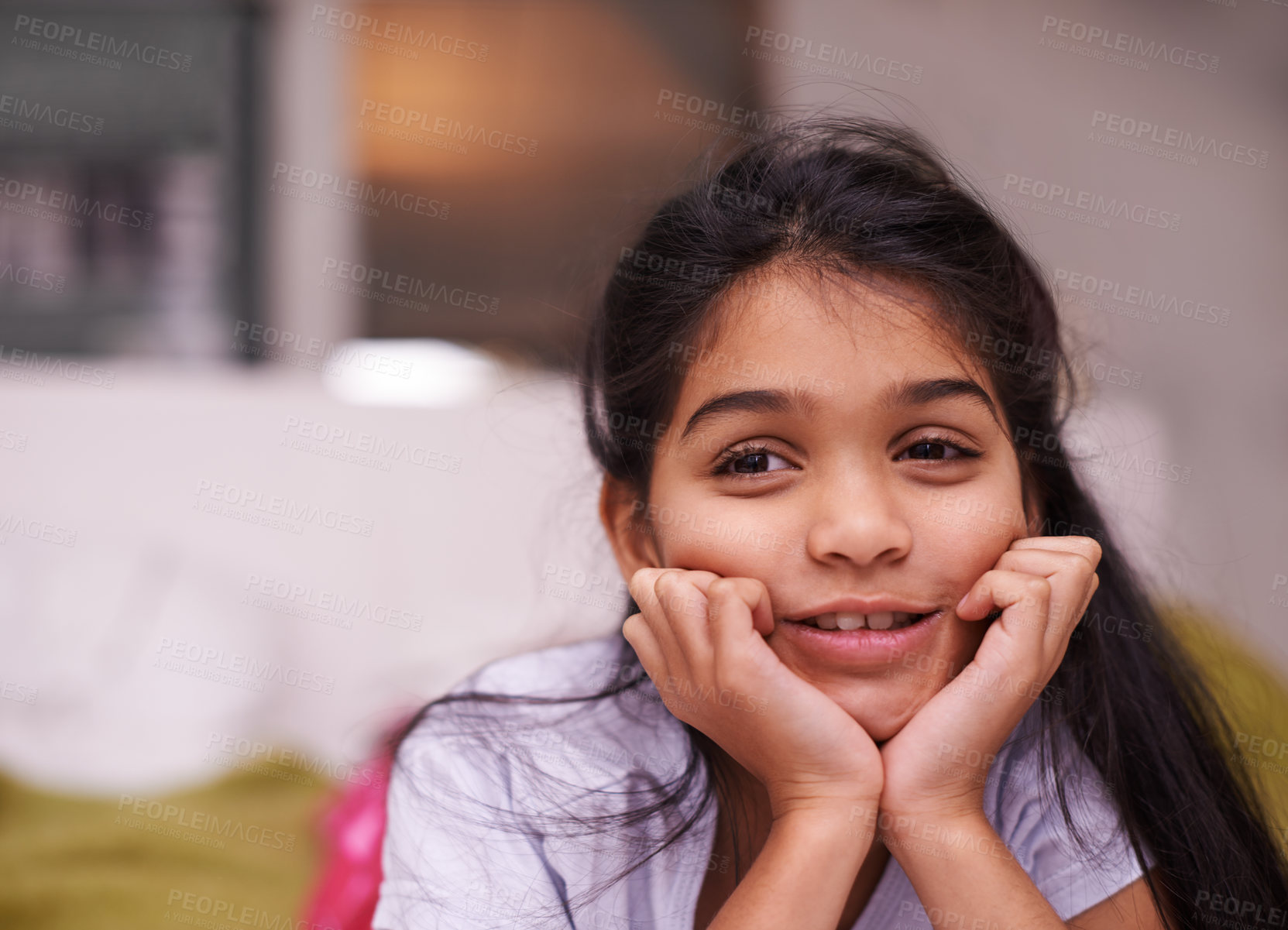 Buy stock photo Thinking, face and girl child in a house with memory, reflection or planning, daydreaming or chilling. Idea, remember or calm kid in India brainstorming in a living room on weekend, vacation or break