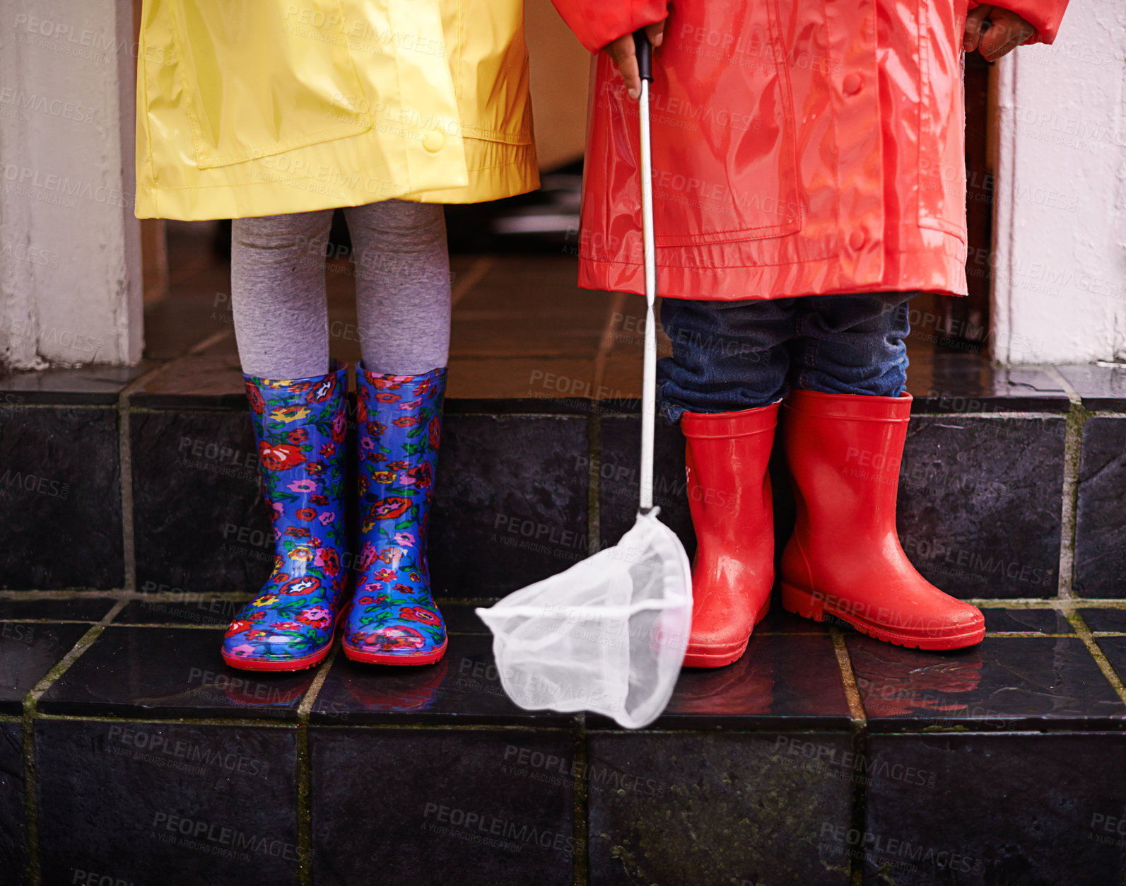 Buy stock photo Children, boots and net on porch for adventure, cold weather and clothes for adolescent and fun. Kids or child with raincoat for friend and outdoor for trip, walk and play in storm for holiday