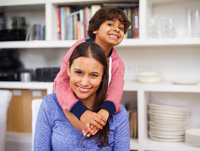 Buy stock photo Mother, child and portrait in house for hugging, love and childhood for family and growth. Indian people, mom and boy with smile and happy together for kids, growing up and  children for joy  