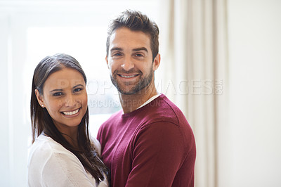 Buy stock photo Happy couple, portrait and hug with romance for embrace, support or care together at home. Man and woman with smile for love, relationship or bonding on holiday or weekend in happiness at the house