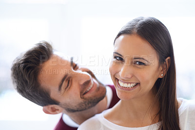 Buy stock photo Hug, portrait and happy couple in a house with love, trust and security, support or bonding at home. Marriage, commitment or face of people in a living room with romance, care or gratitude in a house