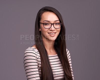 Buy stock photo Portrait, fashion glasses and happy woman in studio isolated on a gray background mockup space. Face, nerd and female geek, person or model from Canada with trendy clothes, eyewear and casual style.