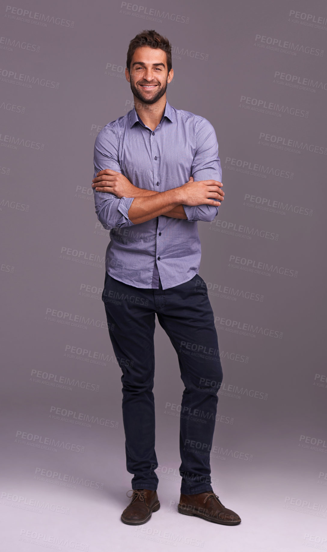 Buy stock photo Auditor, portrait and business man with arms crossed in studio isolated on a gray background mockup. Confident, person and happy professional accountant from Canada with clothes, fashion and style.