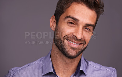Buy stock photo Happy, face and portrait of business man in studio with company pride, confidence and smile. Creative startup, professional and closeup of isolated person for career, work and job on gray background
