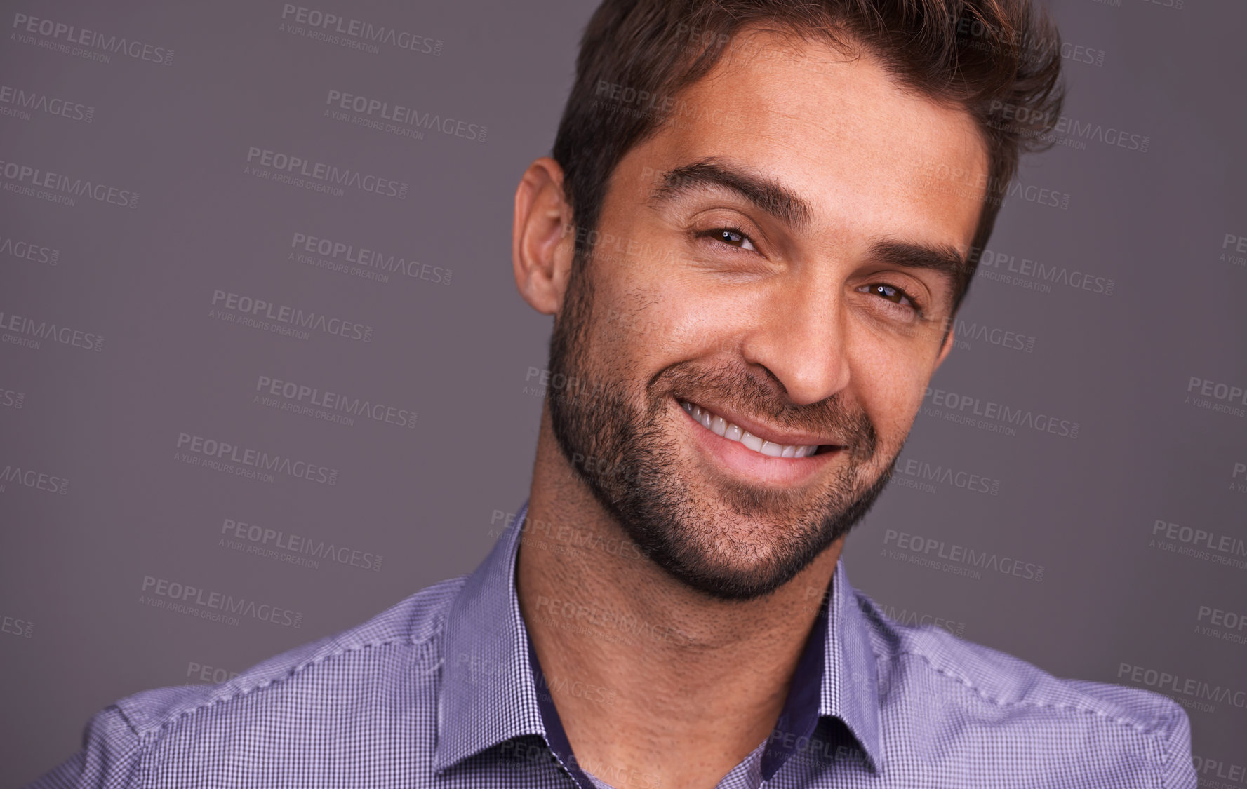 Buy stock photo Happy, face and portrait of business man in studio with company pride, confidence and smile. Creative startup, professional and closeup of isolated person for career, work and job on gray background