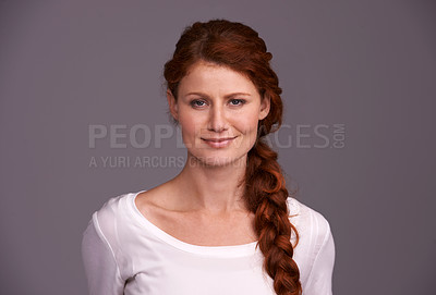 Buy stock photo Redhead, professional and portrait of woman in studio with company pride, confidence and smile. Creative startup, agency and face of isolated happy person for career, work and job on gray background