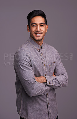 Buy stock photo Happy, crossed arms and portrait of business man in studio with company pride, confidence and smile. Creative startup, professional and isolated person for career, work and job on gray background