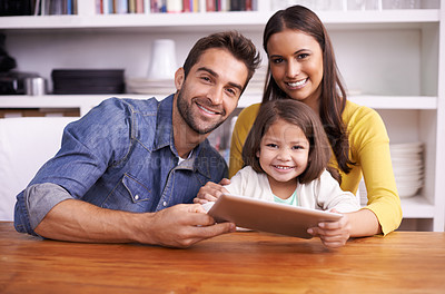 Buy stock photo Portrait, home and family with tablet, girl and parents with internet and playing online game for fun or bonding together. Face, mother or father with daughter or technology with digital app or smile