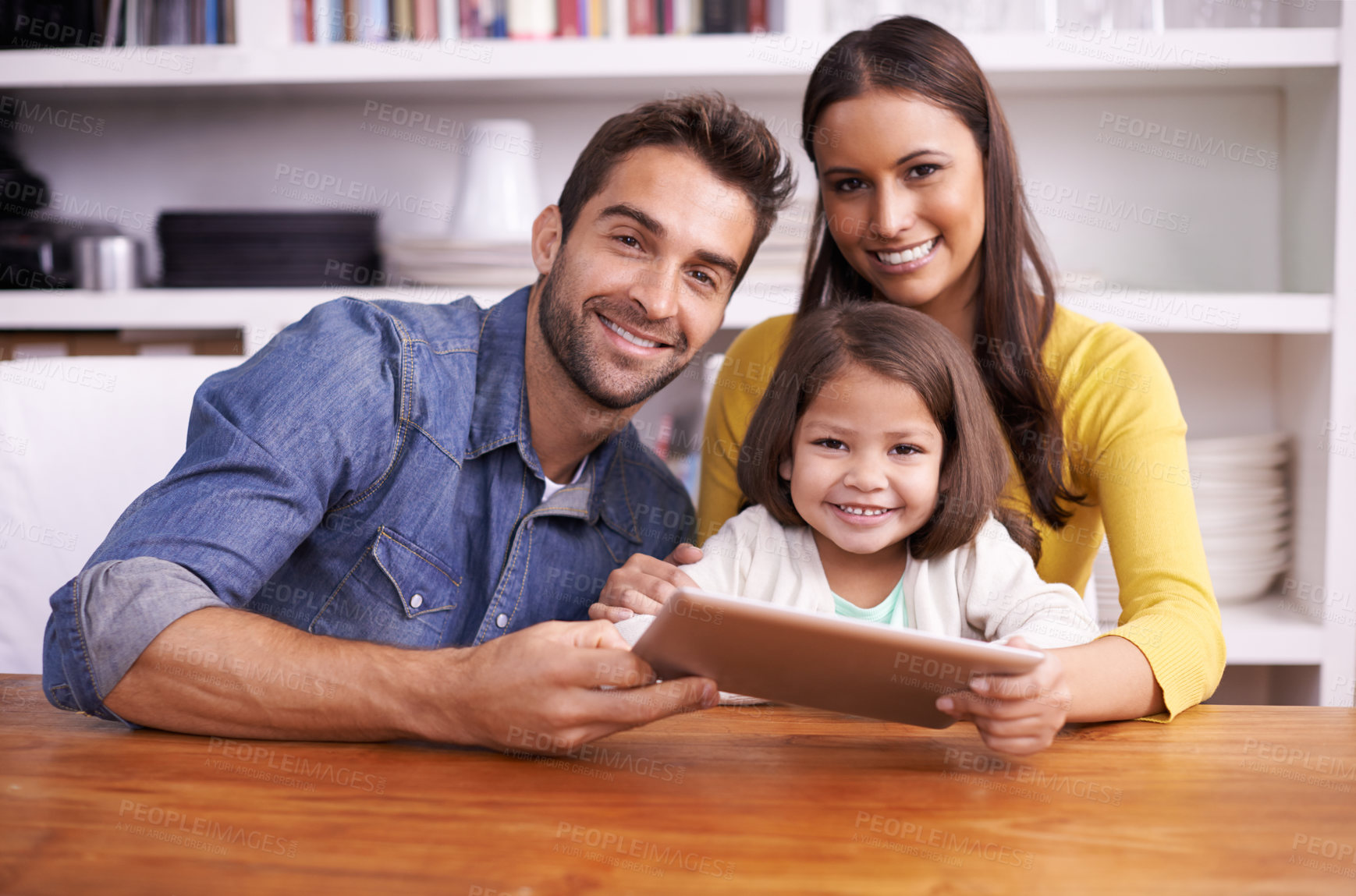 Buy stock photo Portrait, home and family with tablet, girl and parents with internet and playing online game for fun or bonding together. Face, mother or father with daughter or technology with digital app or smile