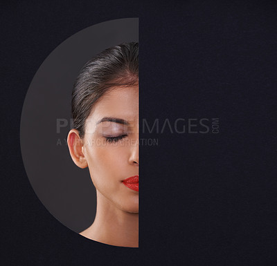 Buy stock photo Young, woman and skincare or beauty in cutout for makeup, cosmetics and dermatology. Model or person with eyes closed and dreaming of foundation with creative, mockup and space on a black background