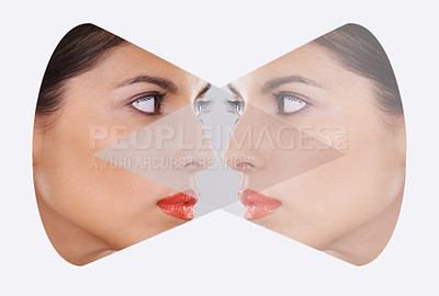 Buy stock photo Woman, beauty and skincare in double exposure for cosmetics, makeup and dermatology on a white background. Model or young person with creative reflection, profile and looking at self in a studio