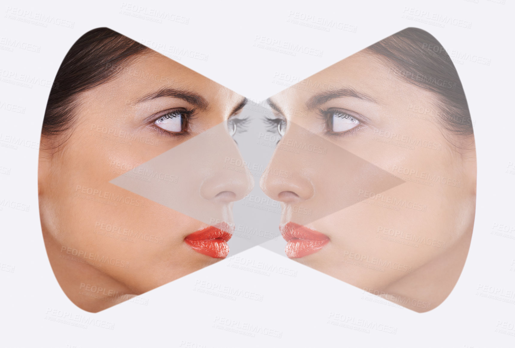 Buy stock photo Woman, beauty and skincare in double exposure for cosmetics, makeup and dermatology on a white background. Model or young person with creative reflection, profile and looking at self in a studio