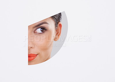 Buy stock photo Woman, thinking and makeup in a cutout and studio for cosmetics, skincare and dermatology. Young model with beauty, foundation and art deco with ideas, closeup and mockup space on a white background