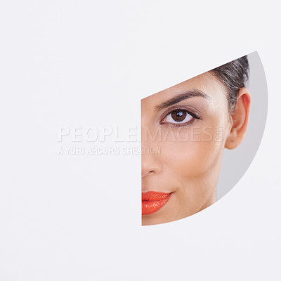 Buy stock photo Woman, portrait and beauty in cutout or studio for cosmetics, skincare and dermatology. Face of a young person or model with makeup, foundation and art deco with mockup space on a white background