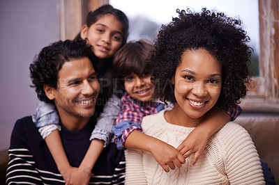 Buy stock photo Parents, children and family portrait on couch with smile connection with comfort, support or love. Mother, father and siblings face in living room for youth development or casual, holiday or care