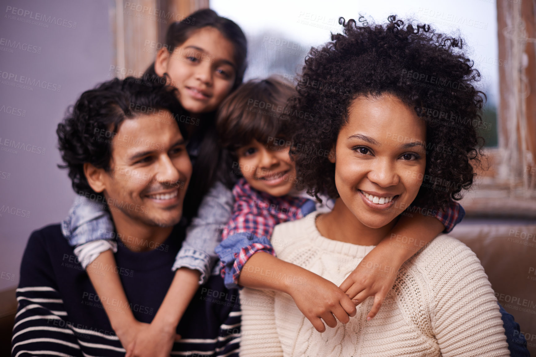 Buy stock photo Parents, children and family portrait on couch with smile connection with comfort, support or love. Mother, father and siblings face in living room for youth development or casual, holiday or care