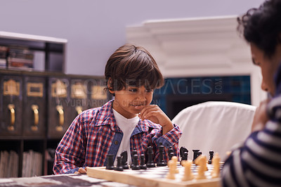 Buy stock photo Child, father and chess game with strategy or checkmate move with knight, king or queen. Son, parent and thinking for competition learning or decision thoughts for playing, contest or problem solving